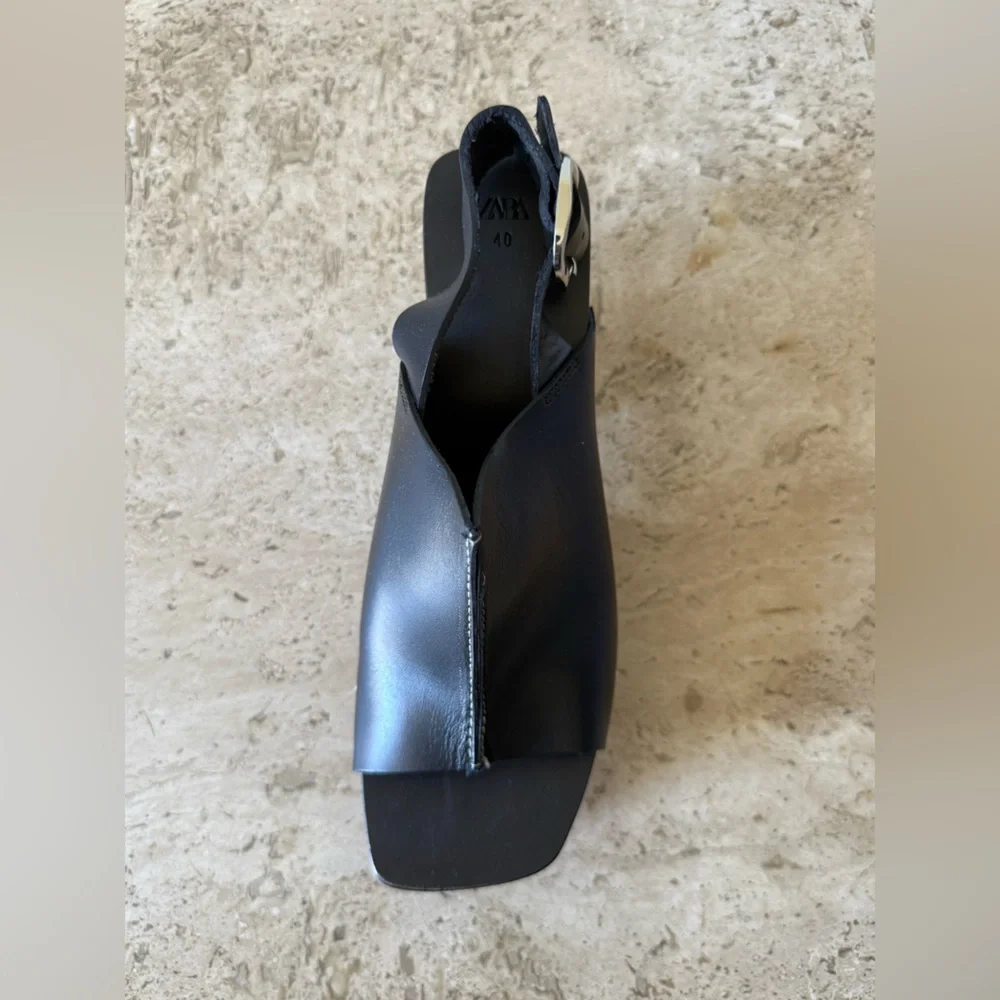 ZARA Slimg Back Leather and Wood Platform Clog - Picture 9 of 11